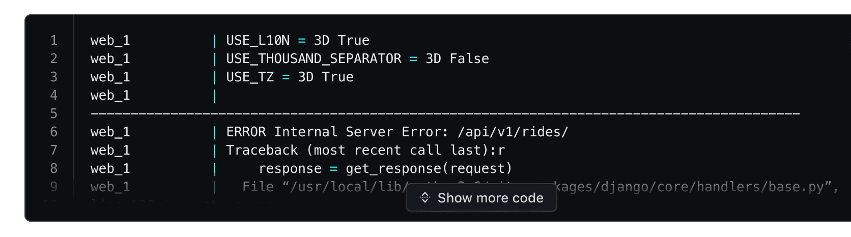 Collapsed Code Block showing limited lines and a 'Show more code' button at the bottom.